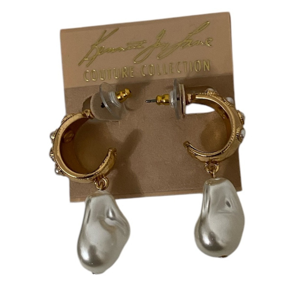 New KENNETH JAY LANE KJL Pierced Earring Pearl Gold Tone Couture Collection